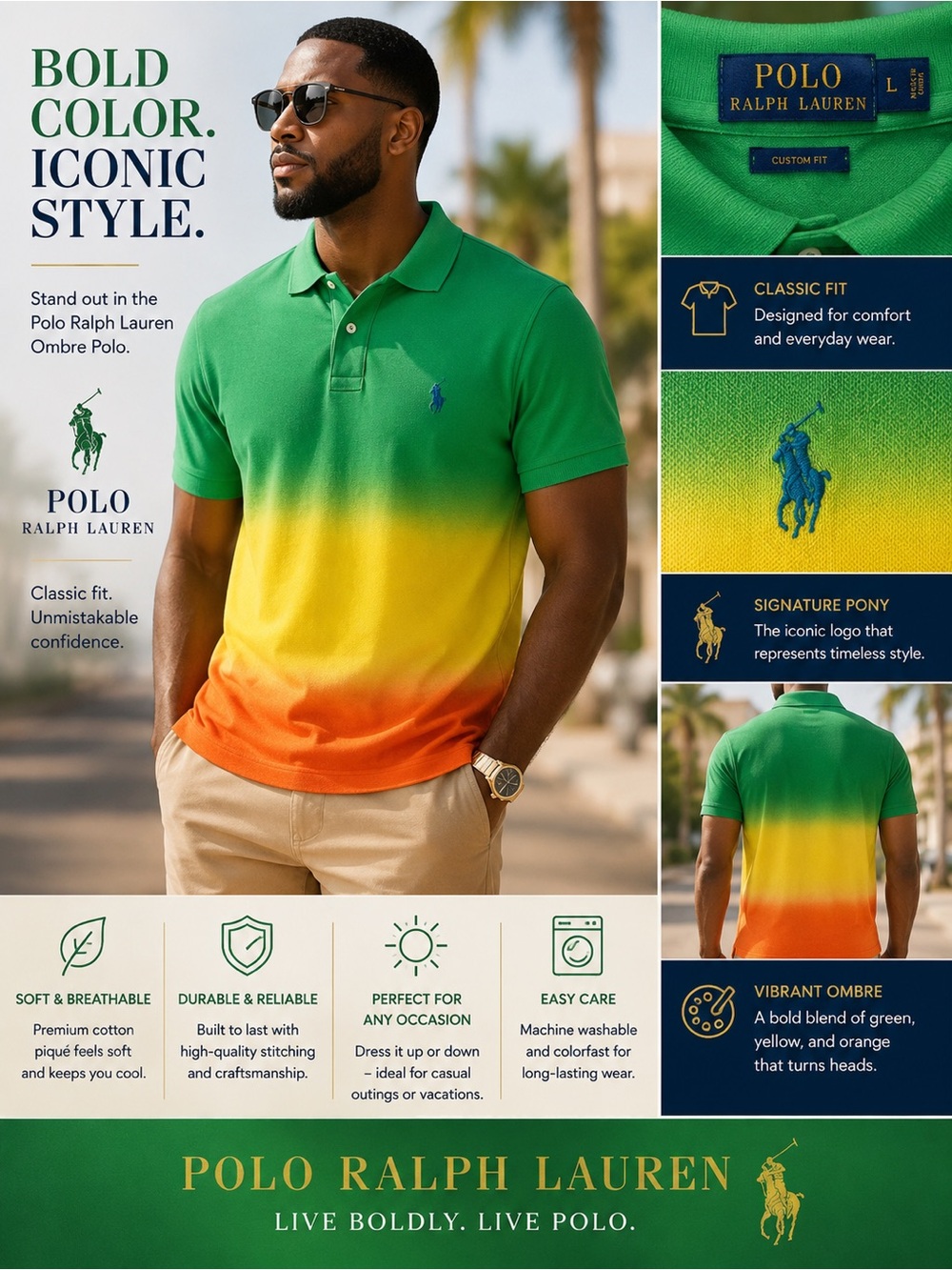 Polo by Ralph Lauren Men’s Green-Yellow-Orange Ombre Polo Shirt size L
